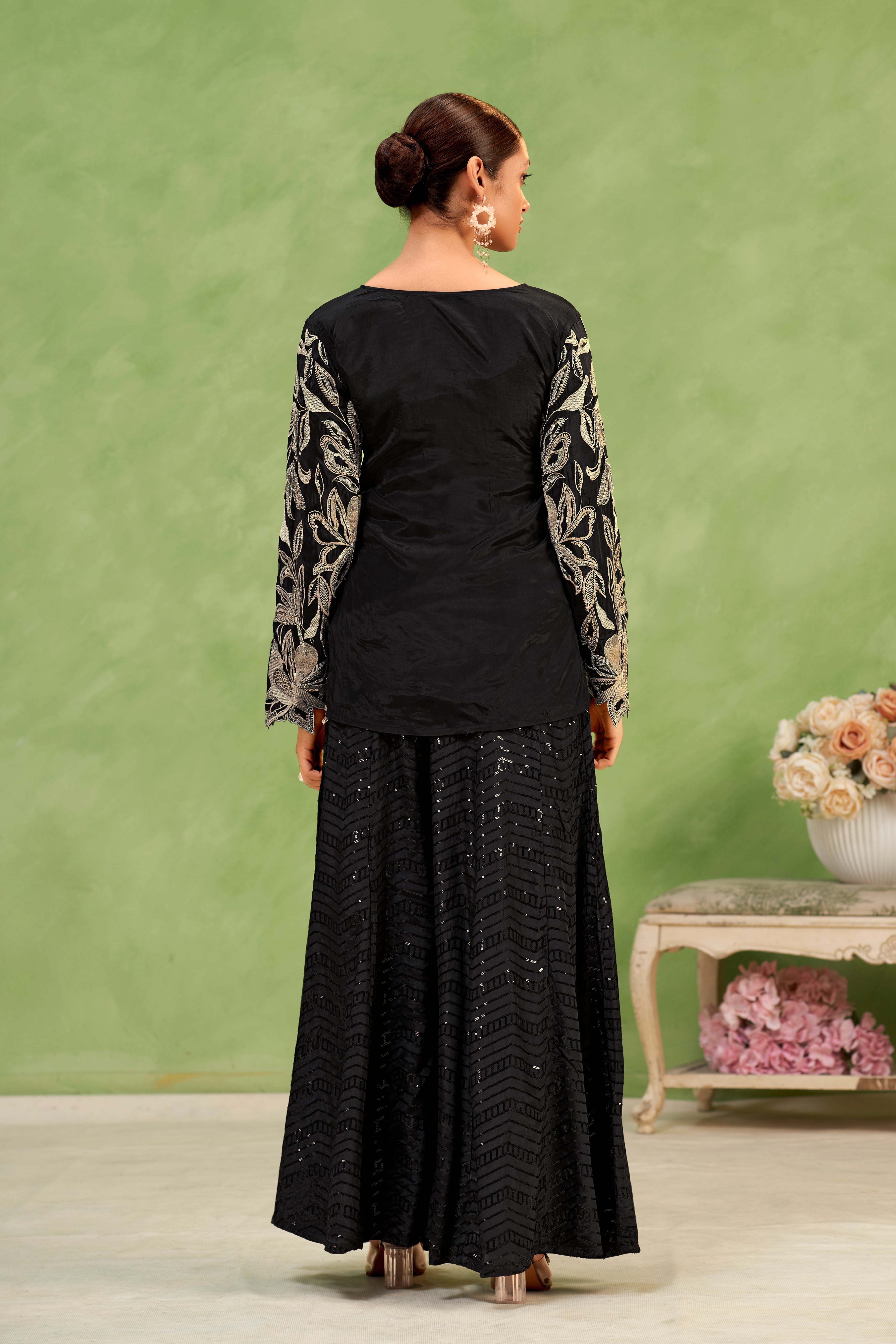 Noir Bloom Embroidered Top & Sequin Sharara Set