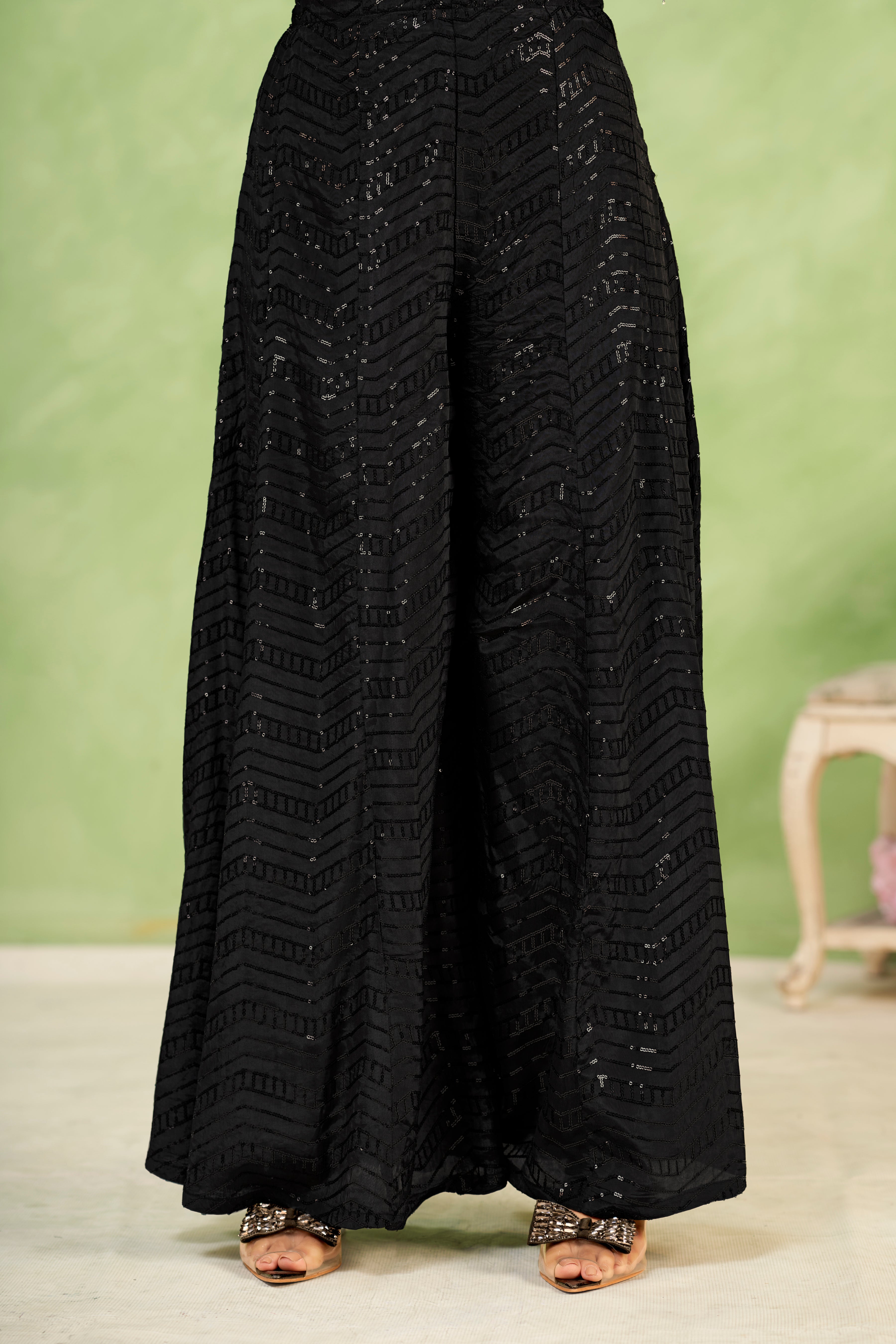 Noir Bloom Embroidered Top & Sequin Sharara Set