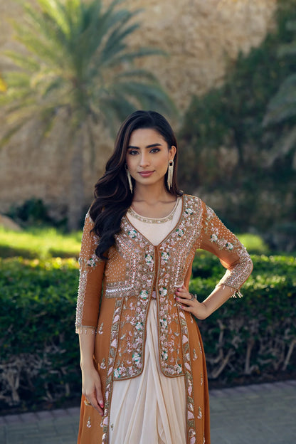 Caramel Embroidered Jacket Suit Set