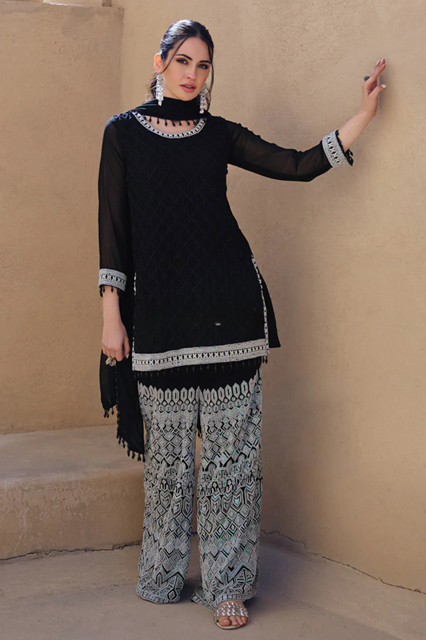 Black Velvet Lattice Embroidered Sharara Set