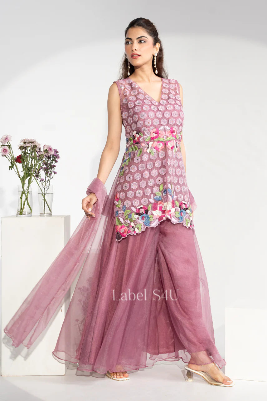 Rose Mauve Floral Sharara Set