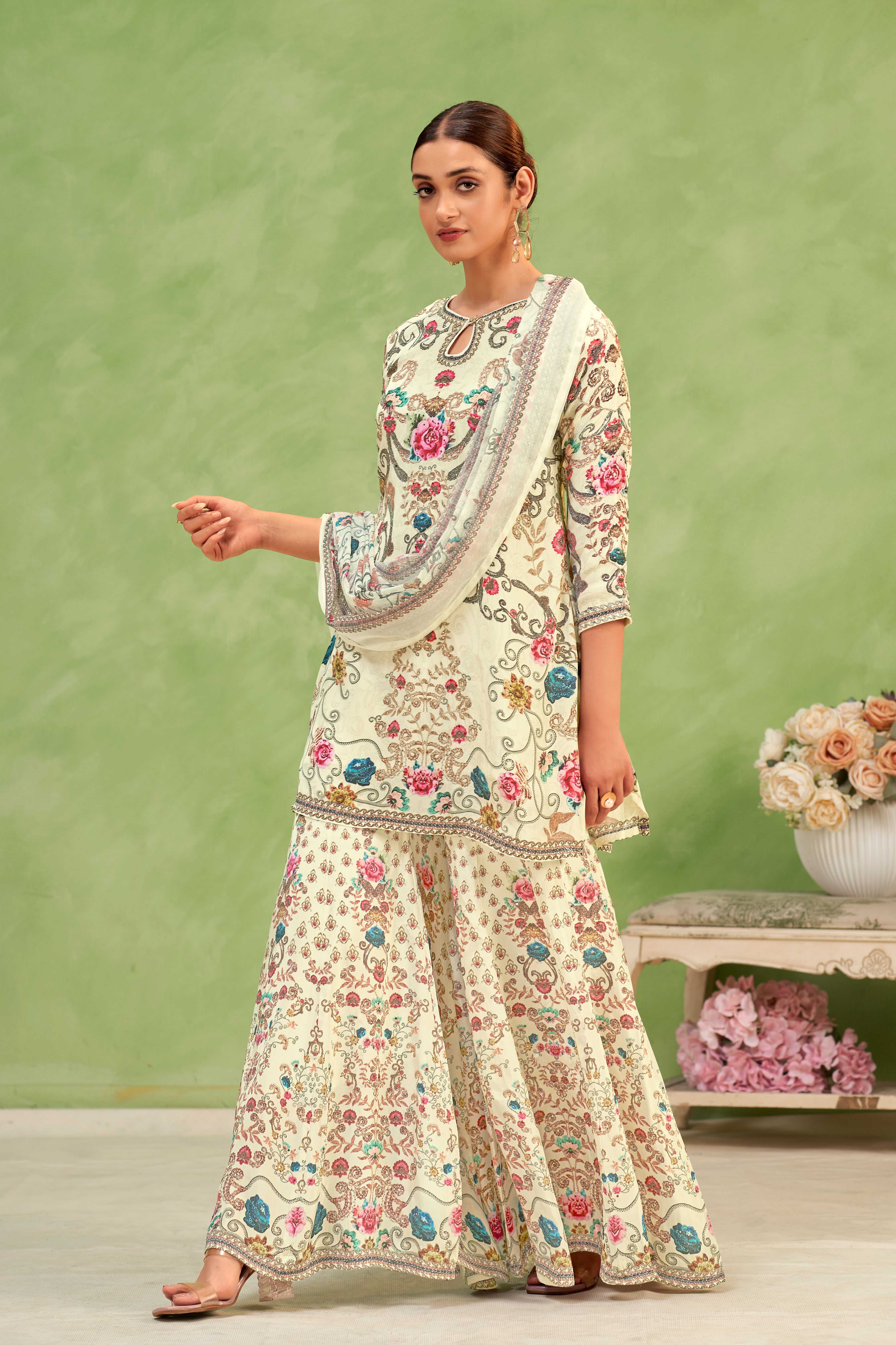 Off-White Floral Sharara Set