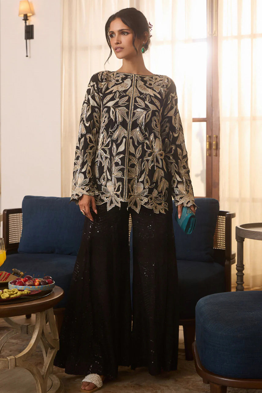 Noir Bloom Embroidered Top & Sequin Sharara Set