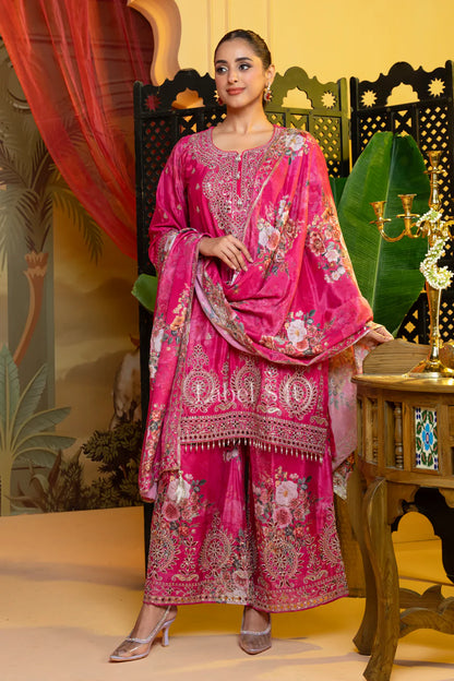 Pink Zari Floral Suit Set