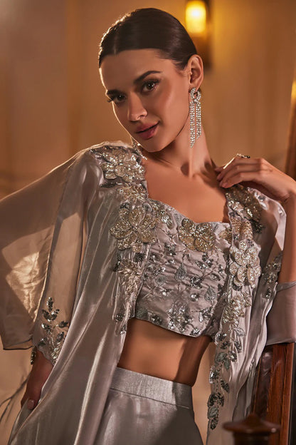 Silver Moonlight Cape Lehenga Set