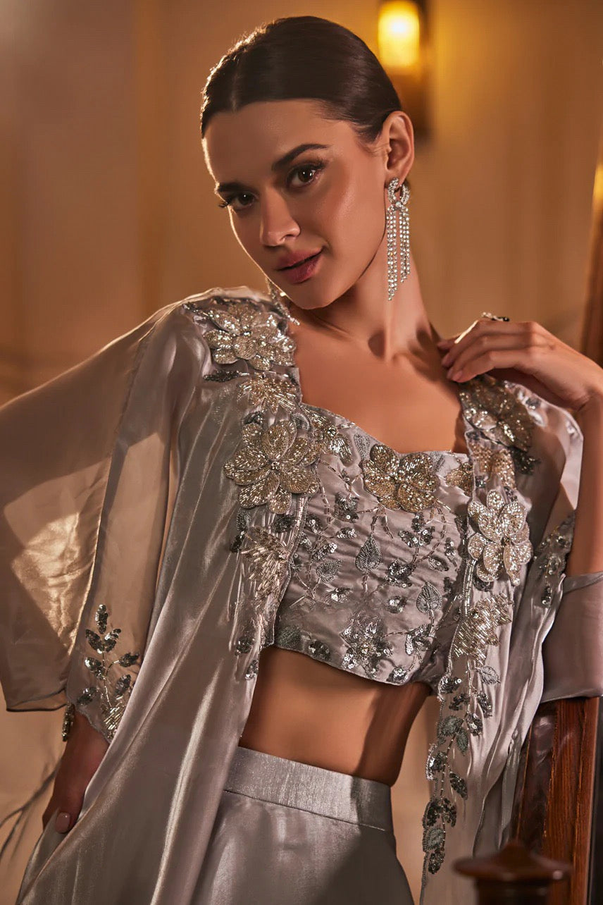 Silver Moonlight Cape Lehenga Set