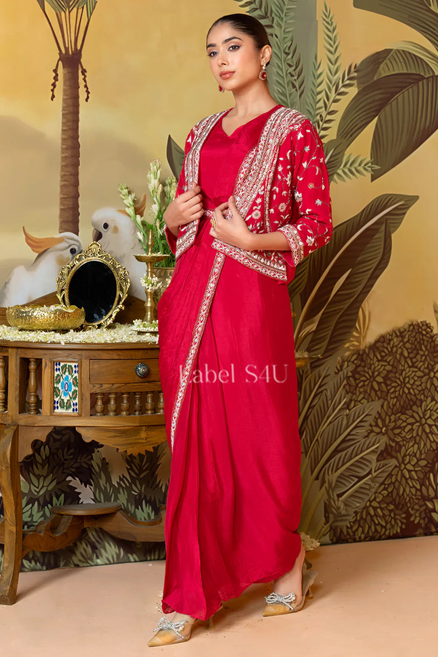 Red Embroidered Drape Saree Set