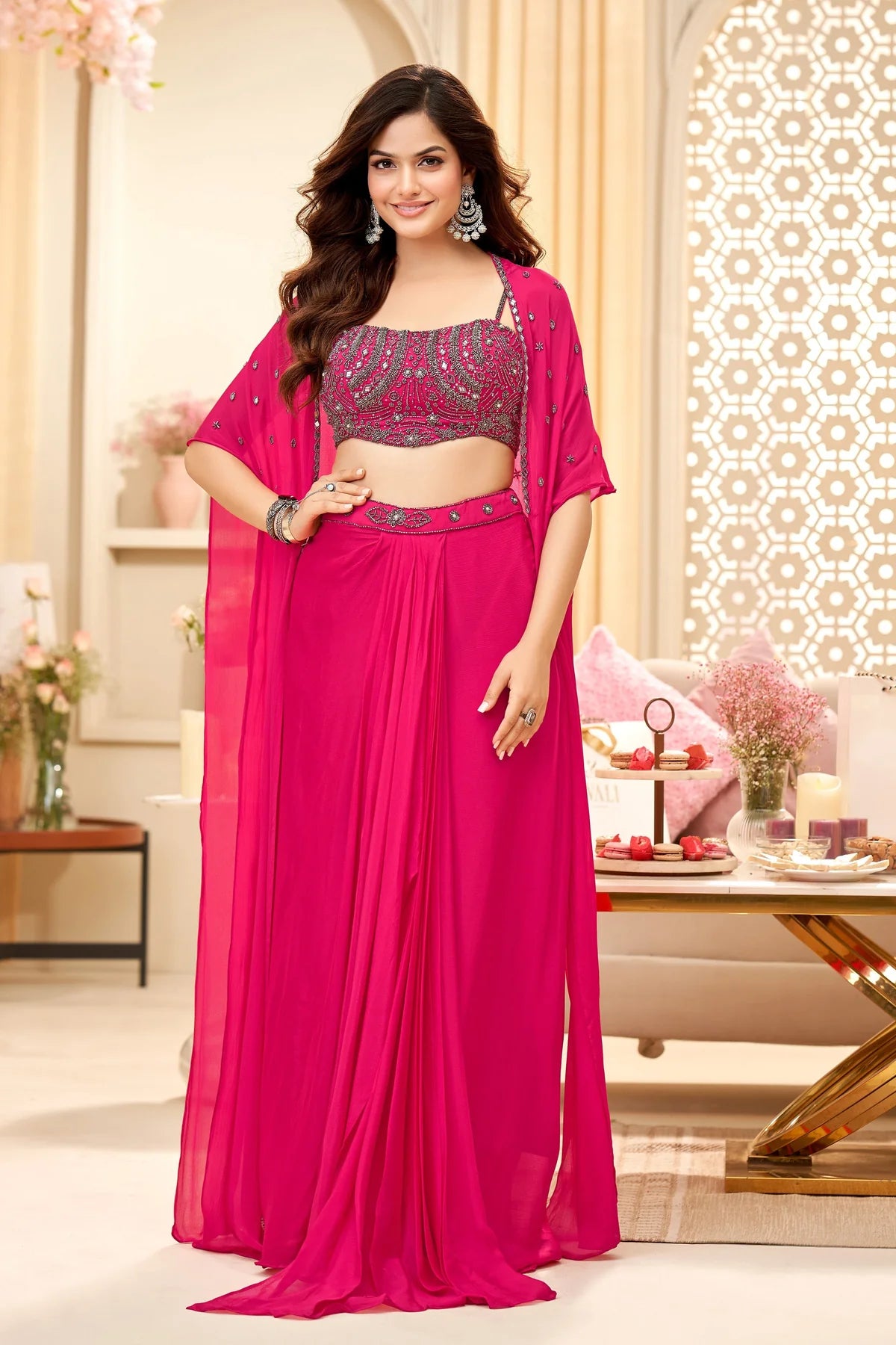 Pink Embellished Drape Set