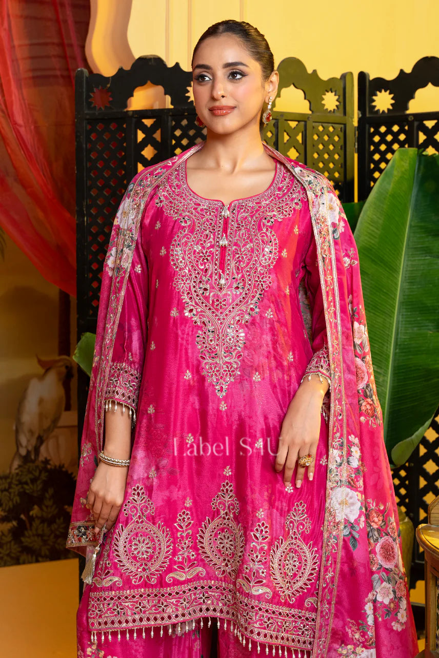 Pink Zari Floral Suit Set