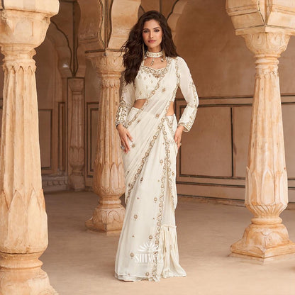 White Hand-Embroidered Saree Set