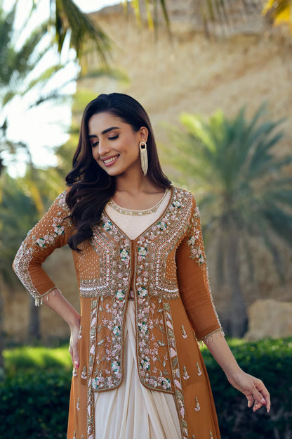 Caramel Embroidered Jacket Suit Set