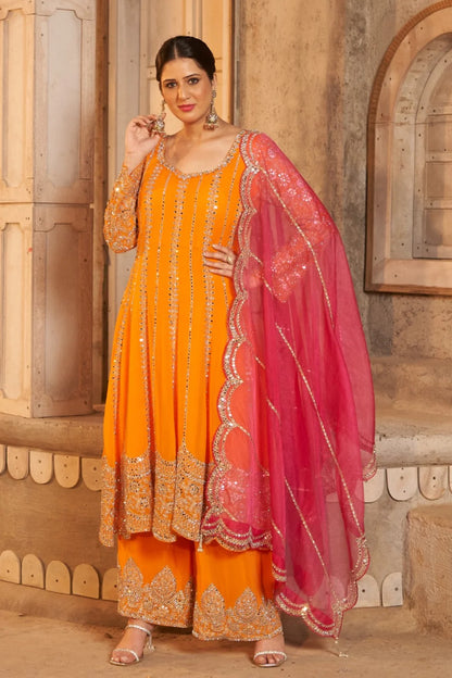 Orange Mirrorwork Sharara Suit Set