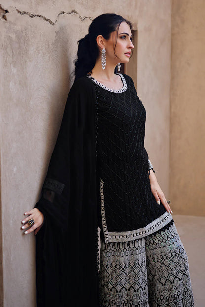 Black Velvet Lattice Embroidered Sharara Set