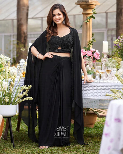 Midnight Allure Embellished Draped Saree Set