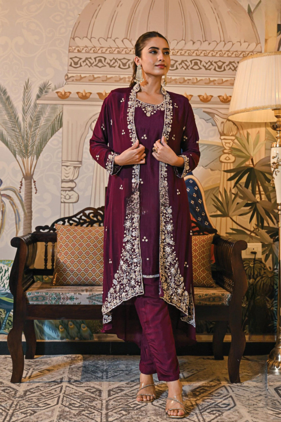 Embroidered Wine Long Jacket Set