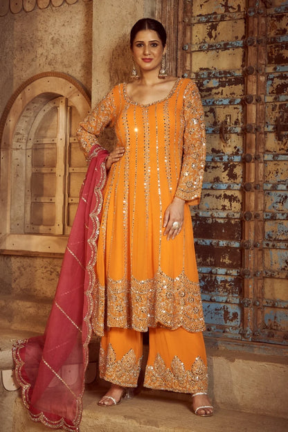 Orange Mirrorwork Sharara Suit Set