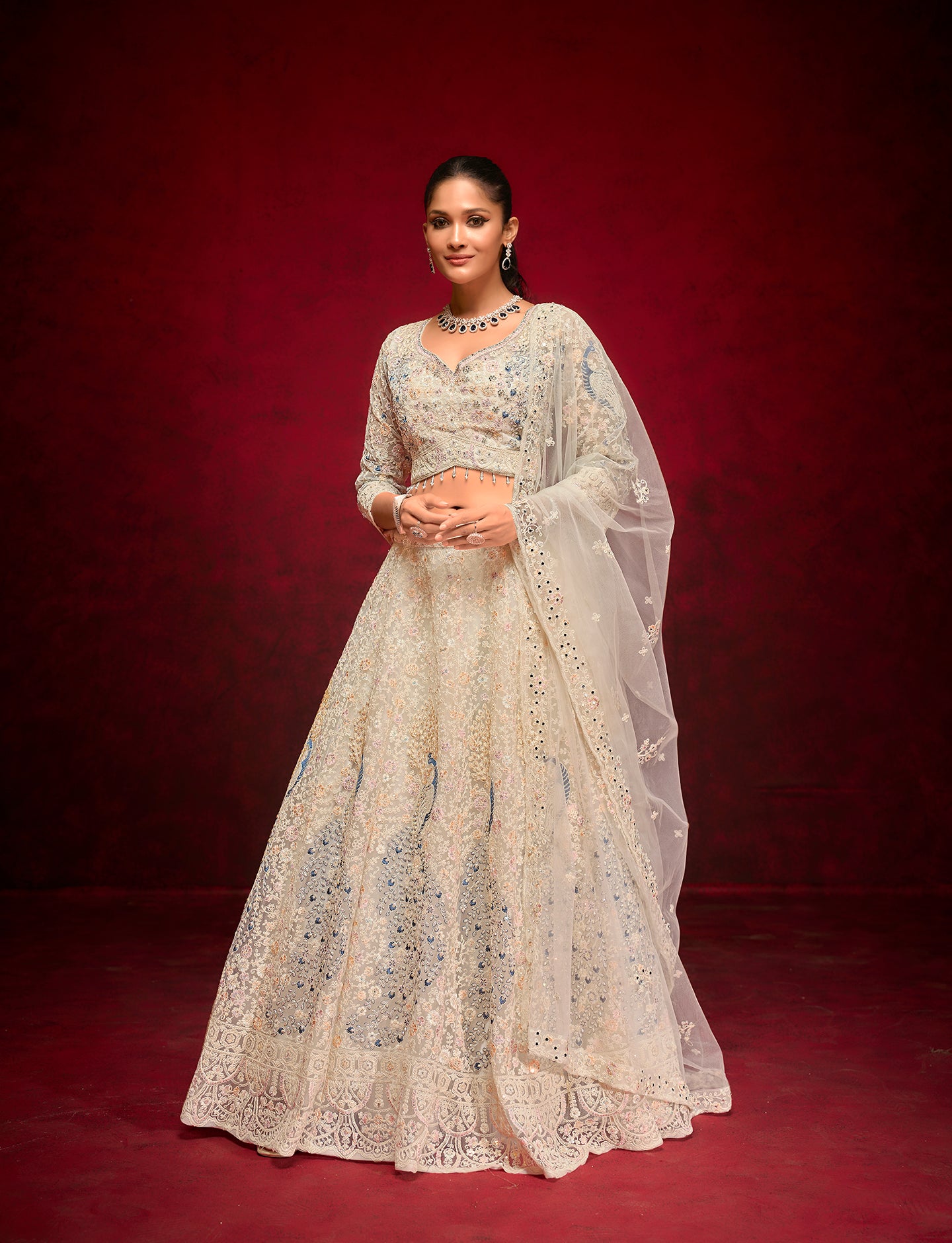 Ivory Peacock Embroidered Lehenga