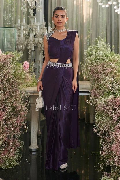 Plum Crystal Drape Saree