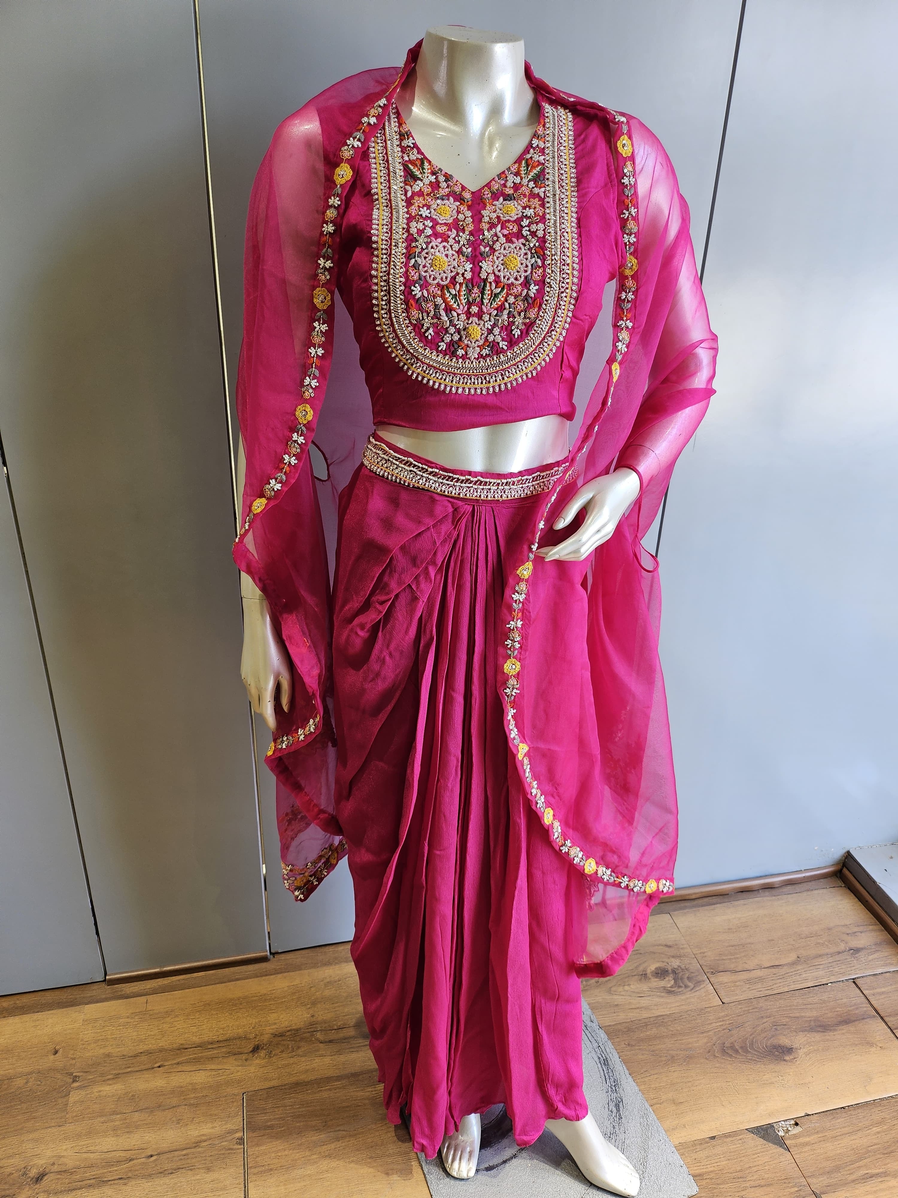 Pink Embroidered Dhoti Saree Set
