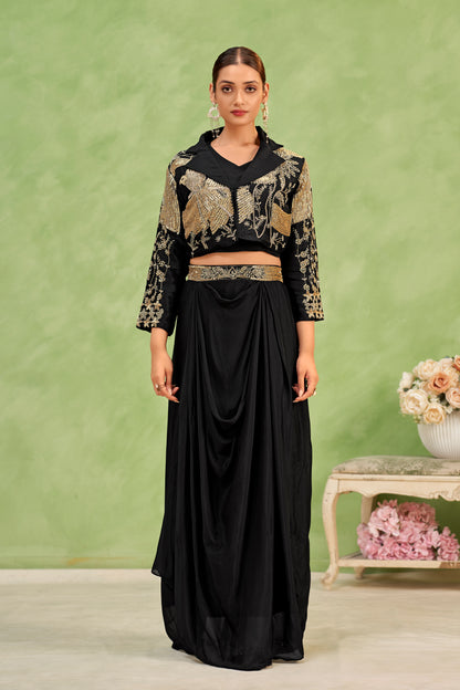 Midnight Stardust Embellished Jacket & Draped Skirt Set