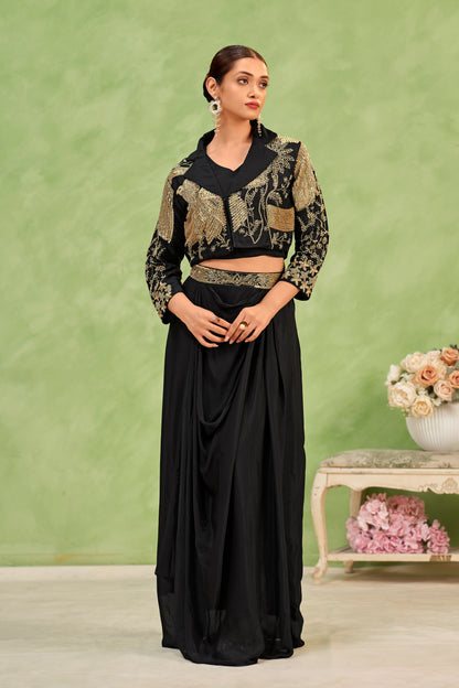 Midnight Stardust Embellished Jacket & Draped Skirt Set