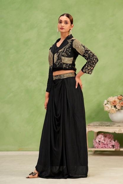 Midnight Stardust Embellished Jacket & Draped Skirt Set