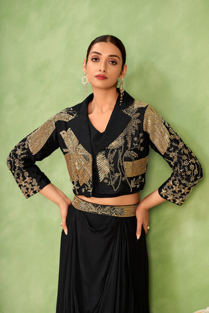 Midnight Stardust Embellished Jacket & Draped Skirt Set