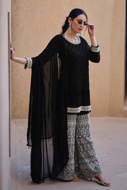 Black Velvet Lattice Embroidered Sharara Set