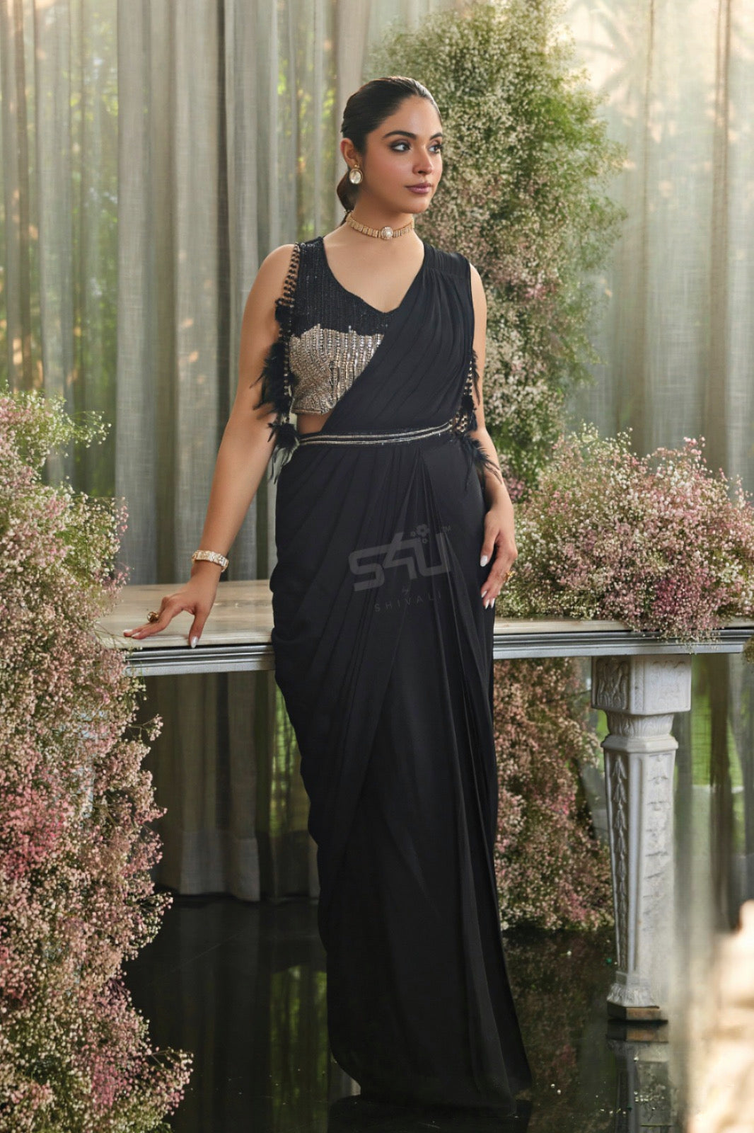 Black Enigma Sequin-Fringe Pre-Draped Saree Set