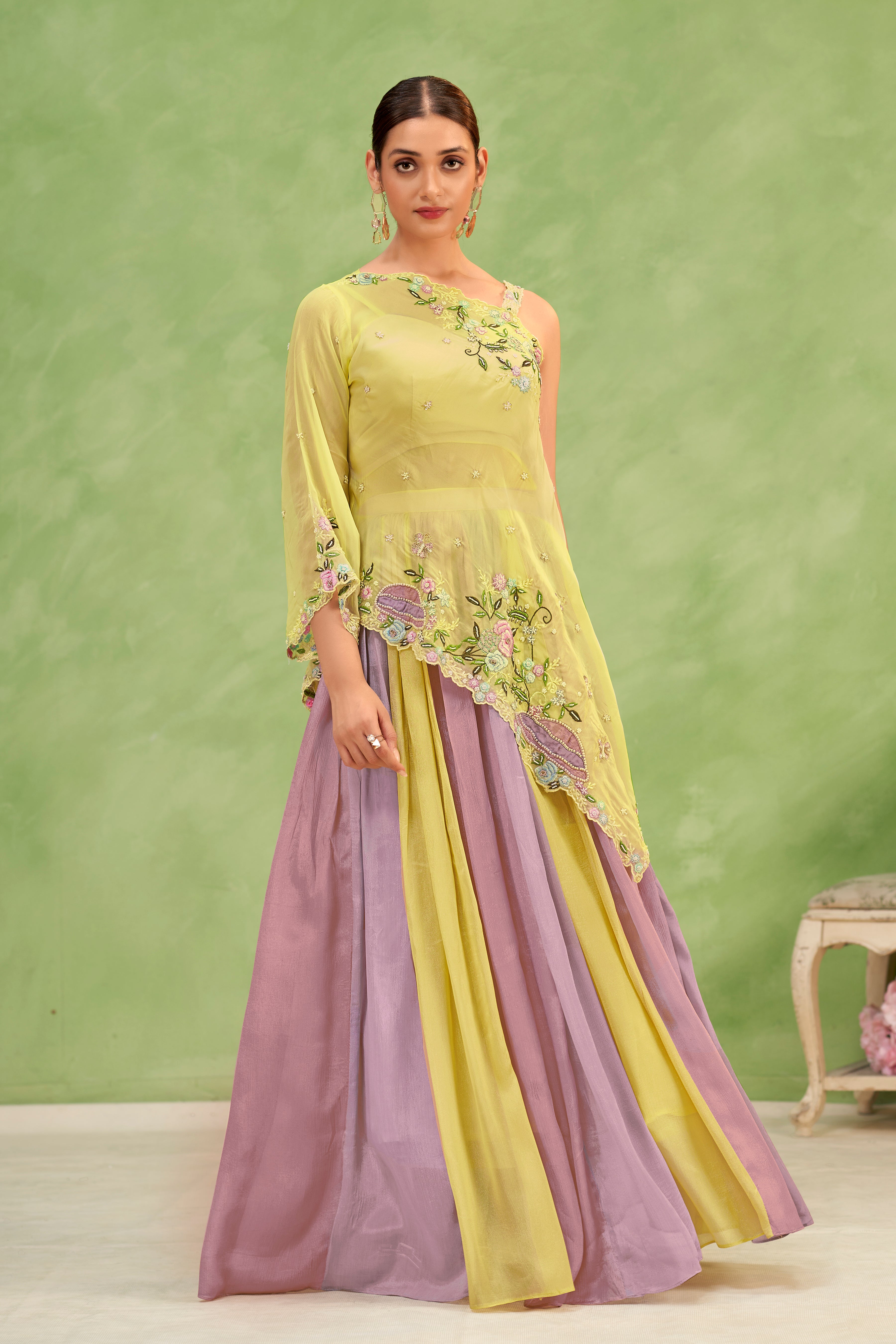 Lemon Lilac Embroidered Lehenga Set