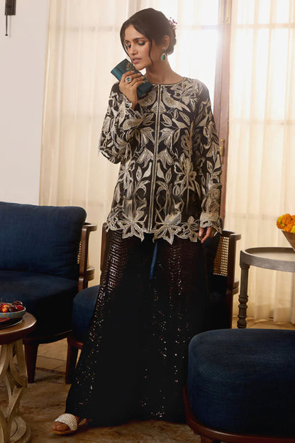Noir Bloom Embroidered Top & Sequin Sharara Set