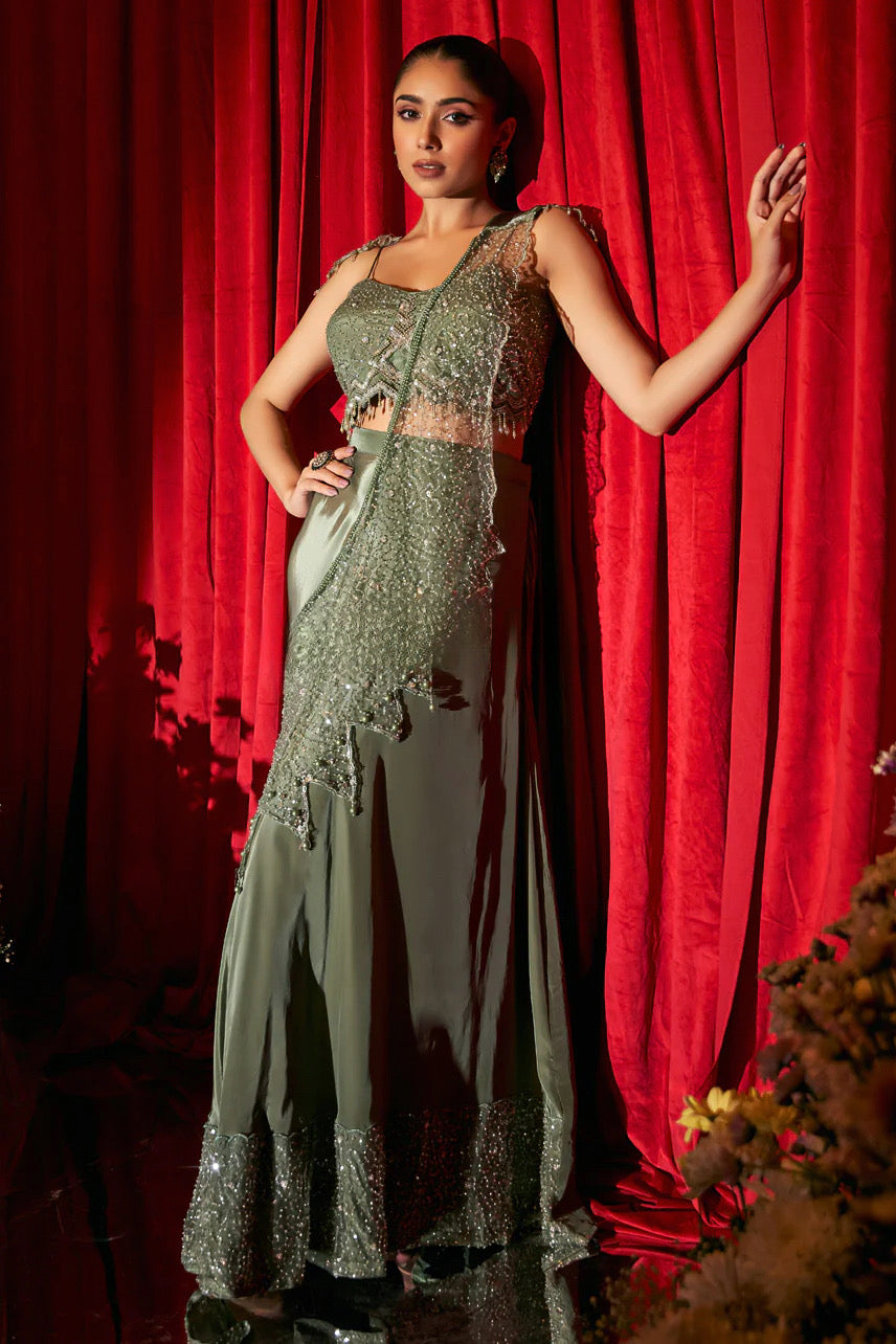 Olive Sequin Drape Saree Set