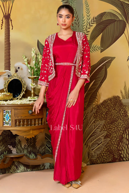 Red Embroidered Drape Saree Set