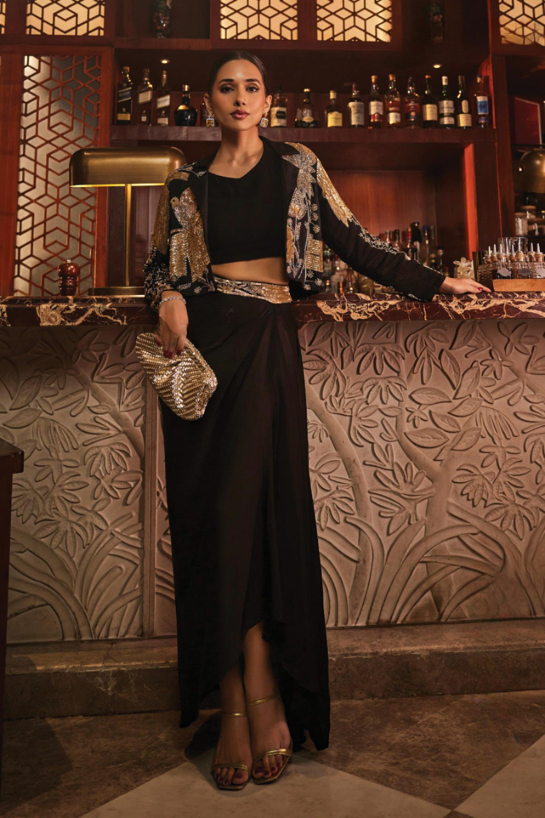 Midnight Stardust Embellished Jacket & Draped Skirt Set