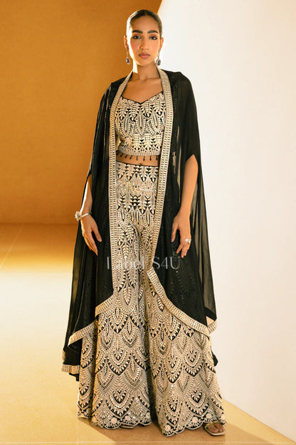 Noir Regal Embroidered Indo-Western Cape Set