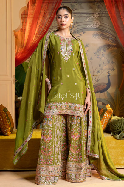 Olive Embroidered Sharara Suit Set