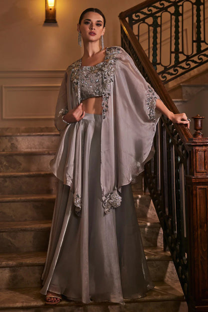 Silver Moonlight Cape Lehenga Set