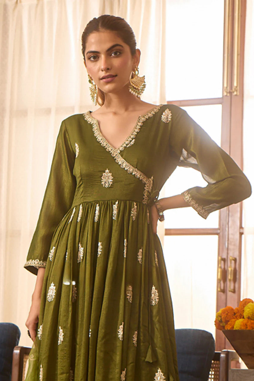 Olive Embroidered Anarkali Set