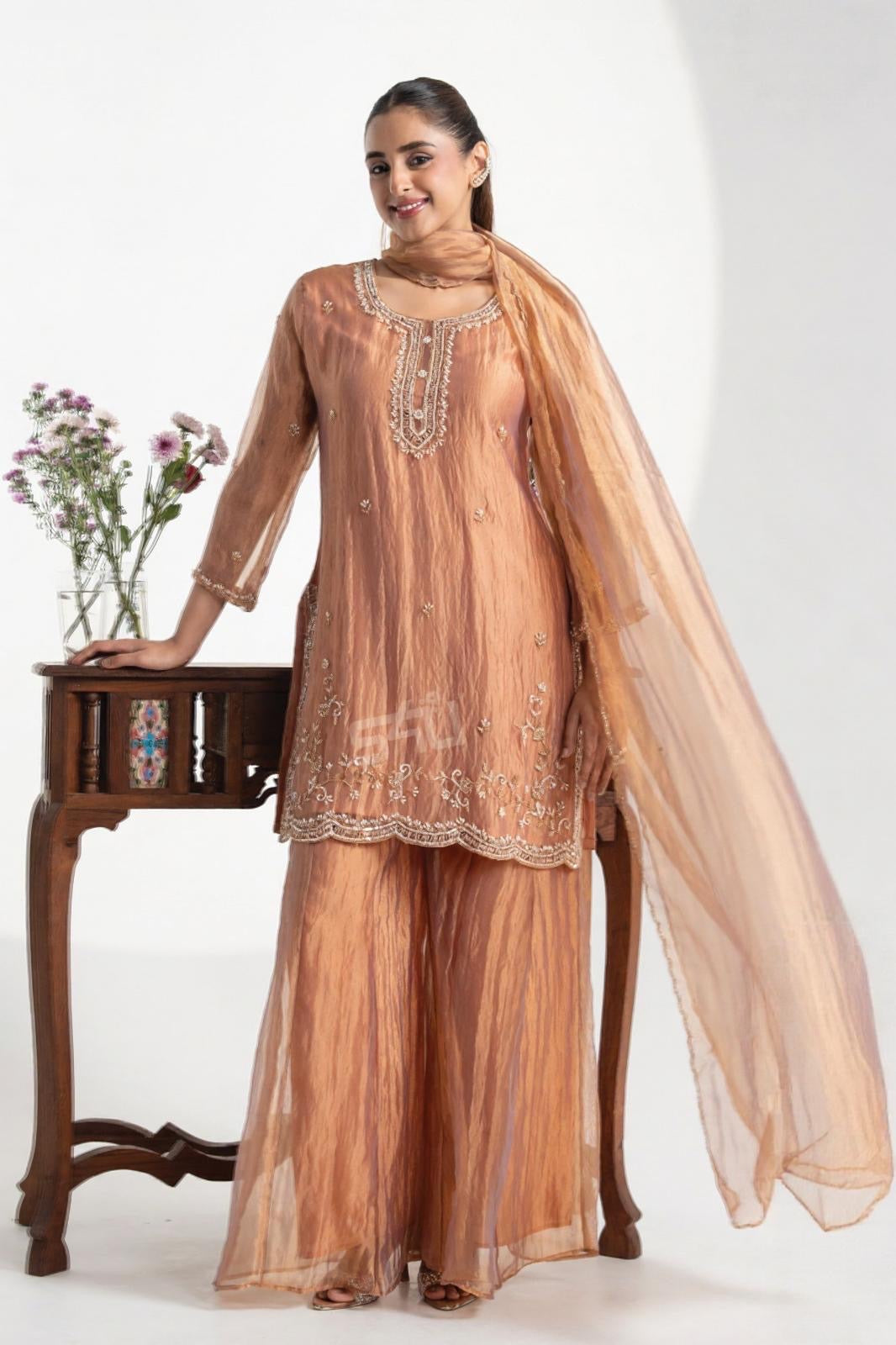 Bronze Crushed Silk Sharara Set