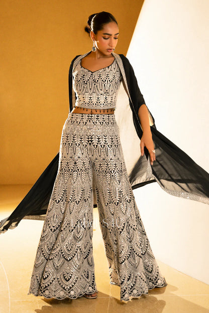 Noir Regal Embroidered Indo-Western Cape Set