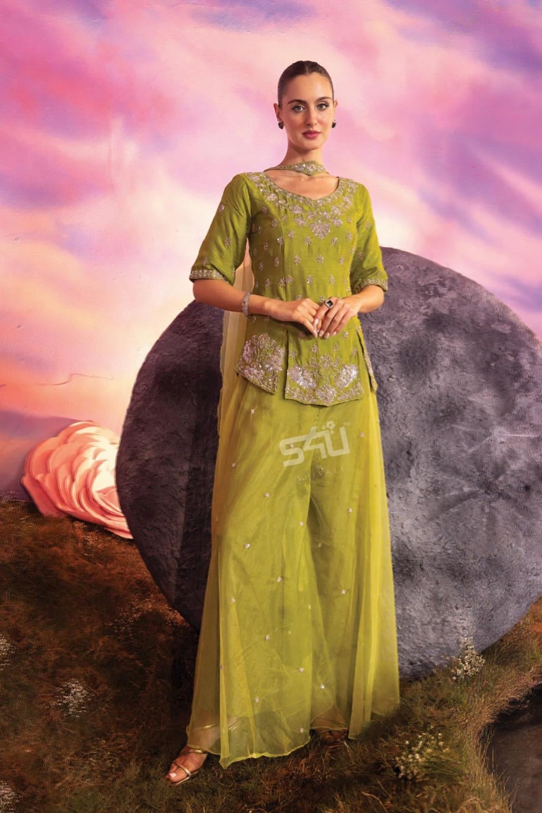 Lime Embroidered Sharara Set