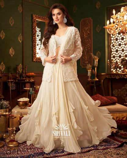 Ivory Ruffle Cape Lehenga