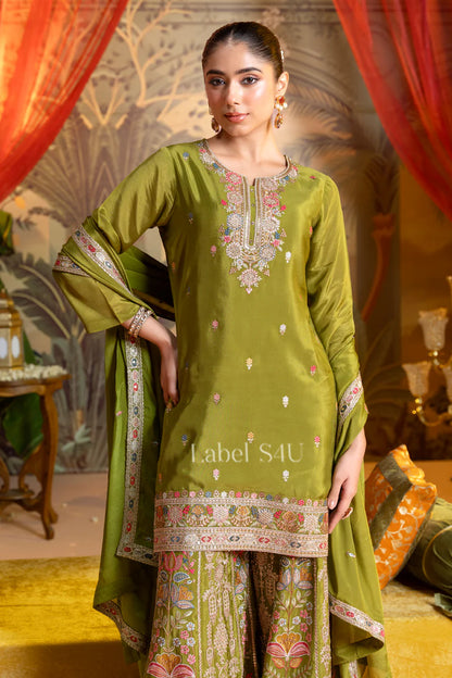 Olive Embroidered Sharara Suit Set