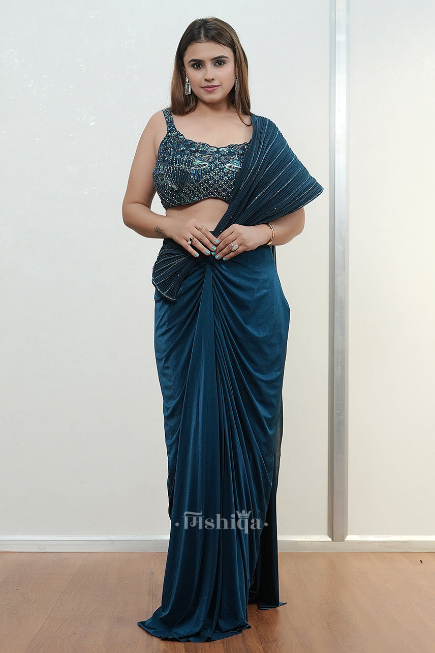 Teal Draped Saree Ensemble