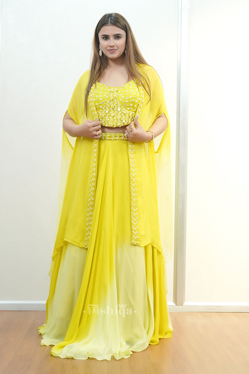 Lemon Mirrorwork Cape Lehenga