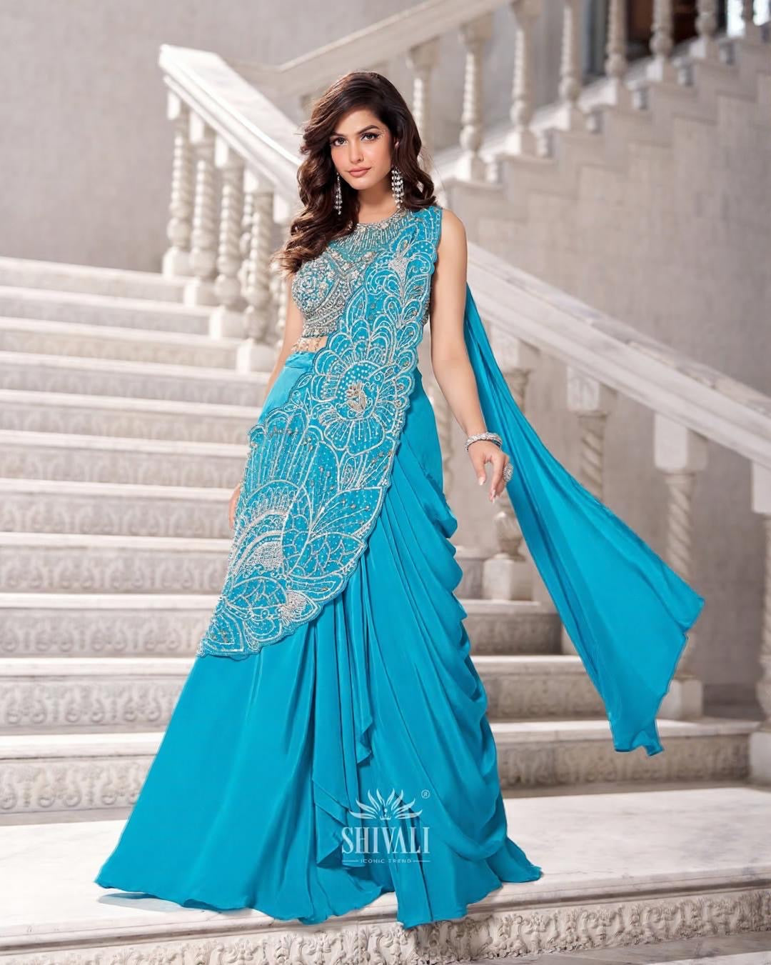 Turquoise Glam Embellished Pre-Stitched Saree Set
