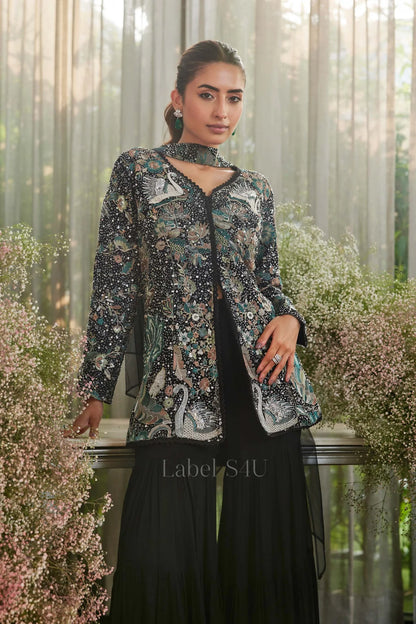 Embellished Black Peacock Jacket Set