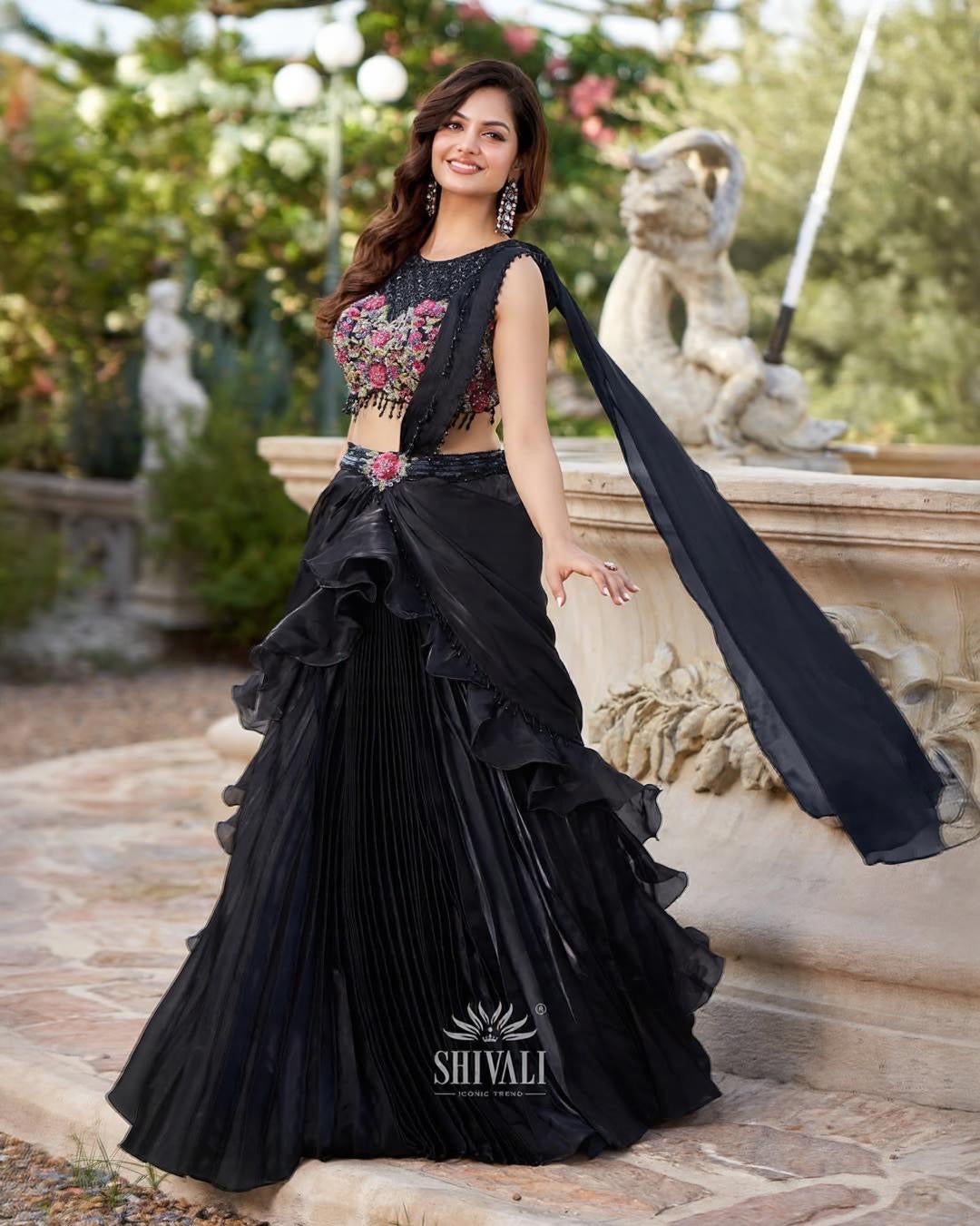Black Rosetta Ruffle Lehenga Set