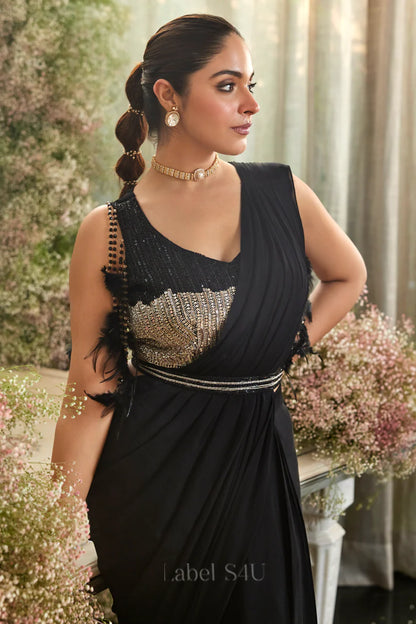 Black Enigma Sequin-Fringe Pre-Draped Saree Set