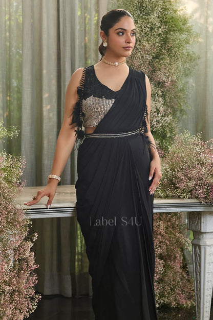 Black Enigma Sequin-Fringe Pre-Draped Saree Set